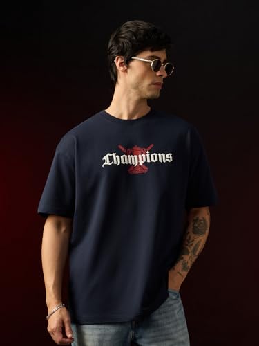 Image of The Souled Store Champions Men and Boys Short Sleeves Round Neck Navy Blue Graphic Printed Cricket Graphic Casual Lightweight Drop Shoulder Streetwear Trendy Oversized T-Shirt