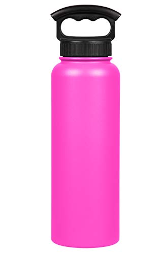 FiftyFifty 40oz Sport Double Wall Vacuum Insulated Water Bottle Stainless Steel 3 Finger Cap w Wide Mouth Lipstick Pink Lipstick Pink 40 oz