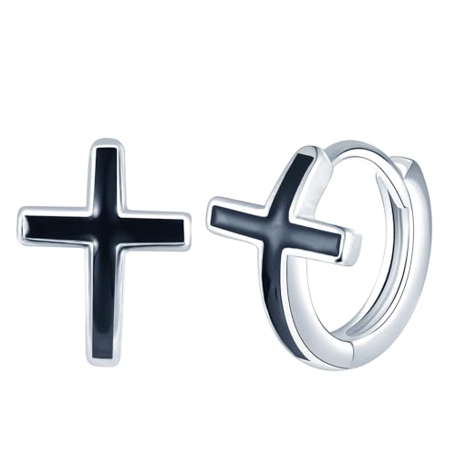 Yumilok Boucles d'oreilles en Argent 925 Femmes Filles Bagues d'oreilles Croix Créatives Créoles de Diamètre 1cm Couleur d'argent Bijoux Fantaisie