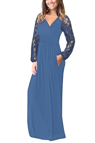 Image of AUSELILY Womens Long Sleeve Maxi Dress 2026 Fall Lace Long Sleeve Dress V Neck Wrap Waist Long Dresses with Pockets