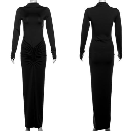 Image of Women's Sexy Turtleneck Long Sleeve Maxi Dress Elegant Ruched Bodycon Long Dress Casual Party Dresses
