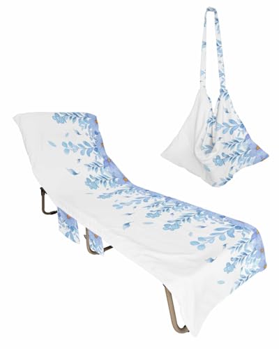 Blue Flower Leaves Beach Chair Towel Covers for Chaise Lounge with Side Pocket, Soft Plush Pool Towels Cover for Patio Sunbathing Outdoor 29''x85'' Spring Garden Herbs Pastel Plant
