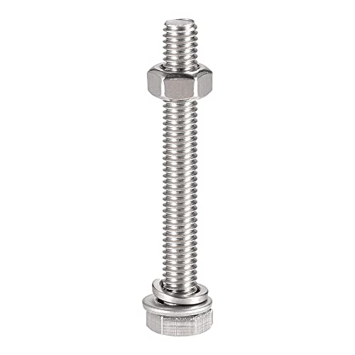Image of uxcell M6 x 50mm Hex Head Screws Bolts, Nuts, Flat & Lock Washers Kits, 304 Stainless Steel Fully Thread Hexagon Bolts 10 Sets