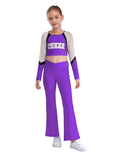 Kids Girls 2 Piece Gymnastic Dance Outfits Sparkly Long Sleeve Color Block Cheer Crop Top And Flared Pants Set Purple 14 Years