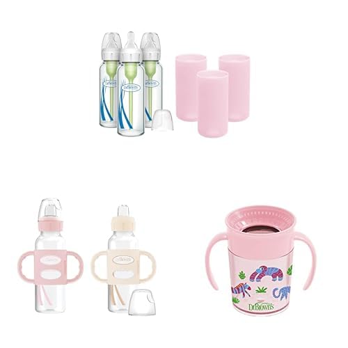 Dr. Brown's Anti-Colic Options+ Narrow Glass Baby Bottles 8oz and Level 1 Nipple, 3-Pack 0m+ and Pink Silicone Sleeves and Narrow Sippy Spout Bottle, Pink+Ecru, 2 Pack and Cheers 360 Spoutless