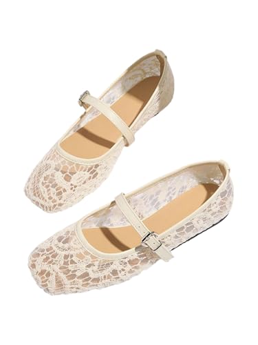 MakeMeChic Womens Lace Mesh Ballet Flats Comfortable Summer Dressy Flats Square Closed Toe Shoes White 9