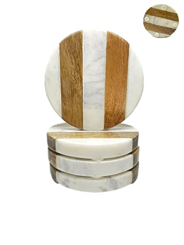 Luxurious Atelier Marble And Wood Set Of 4 Coasters, 4 X 4 Inches For Drinks, Hot/Cold ,Coffee Mugs, Beer Cans ,Bar Glasses. Tea Table/Bar Coasters #TOP2