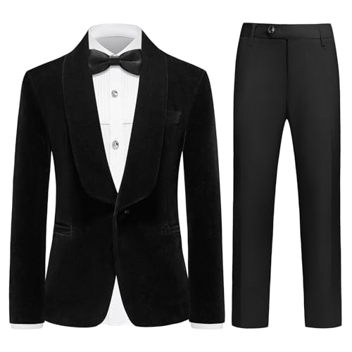 Rogers & Morris Boys Velvet Tuxedo Suit Formal Outfits Slim Fit Size 4T Kids 5 Piece Suit Set Shawl Lapel Tuxedo Jacket White Shirt Black Pants One Red & One Black Bowtie Black