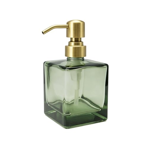 Image of Square Green Glass Soap Dispenser Bathroom with Brushed Gold Pump, Retangle Cube 8.4 oz Glass Bottles with Stainless Steel Pump Hand Liquid Soap Dispenser Kitchen
