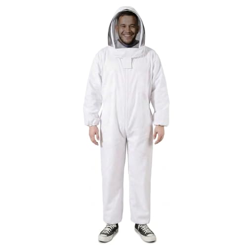 Flexzion Bee Suit - Full Body Beekeeper Suit for Men & Women Bee Suits for Men Sting Proof Cotton Beekeeping Suit with Ventilated Veil Hood Elastic Cuffs White (Medium)
