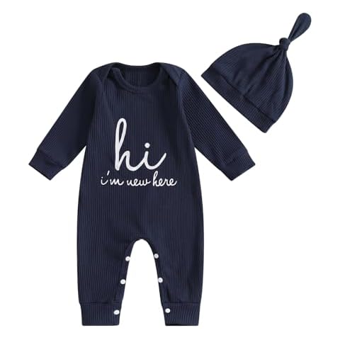 aporake Baby Boy Girl Clothes Hi I'm New Here Newborn Outfit One Piece Romper Bodysuit Jumpsuit+hat Newborn Hospital Outfit (Navy Blue, 3-6 Months) Cover