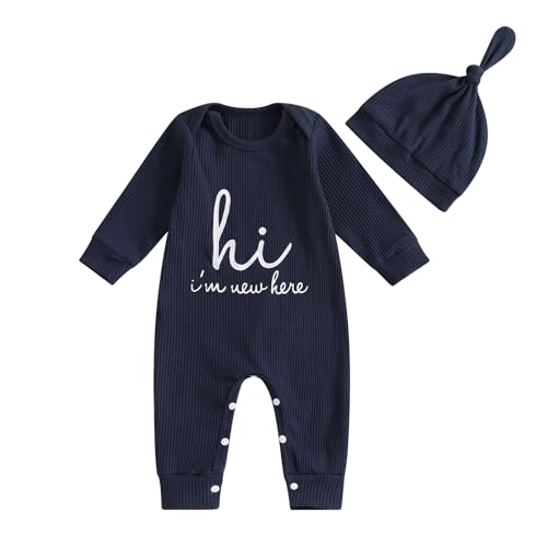 Image of aporake Baby Boy Girl Clothes Hi I'm New Here Newborn Outfit One Piece Romper Bodysuit Jumpsuit+hat Newborn Hospital Outfit