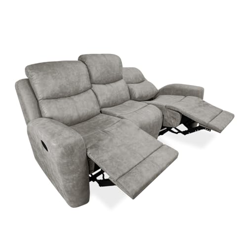 Homey - Sofá de 3 Plazas con Función Relax, Modelo Valdez con Reclinación Manual de Respaldo y Resposapiés en 2 Asientos Laterales, 199 cm (Ancho) x 100,5 cm (Alto) x 93 cm (Fondo), Gris