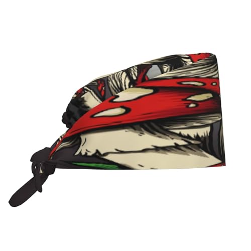 Kuilepa Red Mushrooms Print Working Caps With Sweatband Adjustable Working Hats Elastic Scrub Hats Nurse Scrub Cap