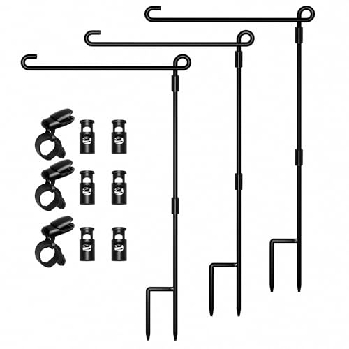 HOOSUN Garden Flag Stand, Premium Garden Flag Pole Holder Metal Powder-Coated Weather-Proof Paint with one Tiger Clip and Two Spring Stoppers Without Flag 3 Pack