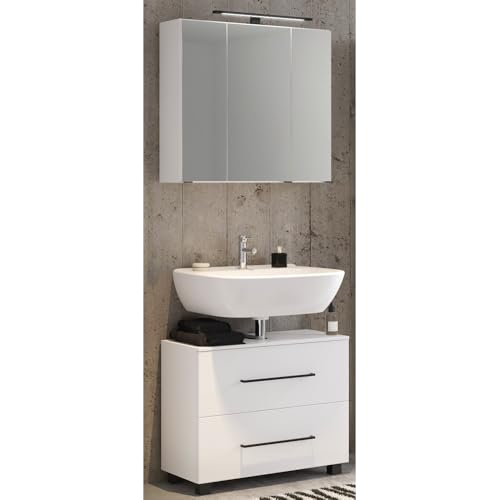 Lomadox Badezimmer Waschplatz Set 70 cm MANLY-03 in weiß inkl. LED Spiegelschrank