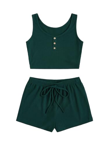 Image of SOLY HUX Women's Button Front Ribbed Knit Tank Top and Shorts Pajama Set Sleepwear Lounge Sets