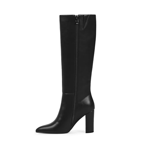 Image of Modatope Knee High Boots Women Pointed Toe Boots Chunky Heel Side Zipper