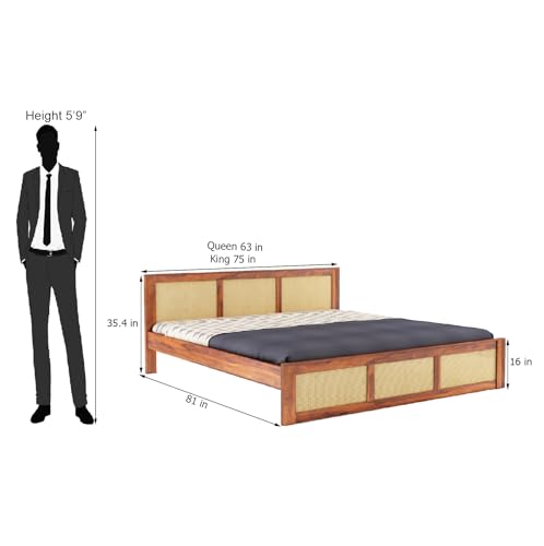 Image of Sheesham Wood Queen Size Cane Bed Without Storage Wooden Double Cot Palang Furniture for Bedroom Living Room Home Hotel (Honey Finish) 1 Year Warranty