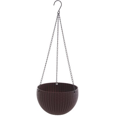 OYPEIP Dia 8.5 in.Round Resin Self Watering Hanging Planter for Outdoor and Indoor Use, Elegant Plastic Wicker-Design Chain Basket for Flowers and Plants(Coffee)