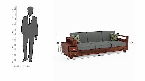Image of Solid Sheesham Wood Sofa Set 3 Seater, Three Seater Sofa Set with Attached End Table, 2 Drawer Storage for Living Room Furniture - Honey Finish