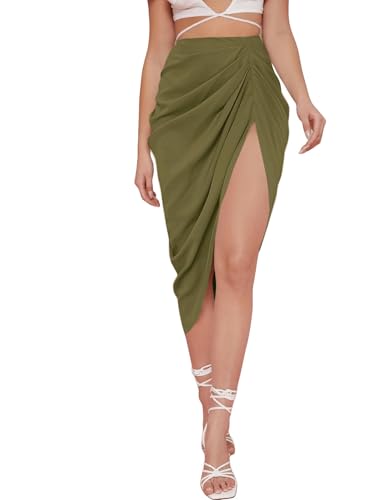 WDIRARA Women's Skirts Split Thigh Front Satin Skirt High Waist Ruched Zip Back WrapMidi Skirt
