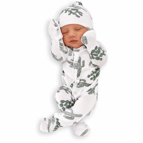 Image of TMEEIHNSS Newborn Baby Bodysuit 2-Piece Set | Cactus Print Romper & Hat Outfit | Cotton Soft Unisex Jumpsuit (0-18 Months)