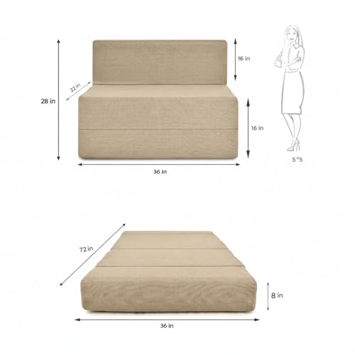 Image of Foldable One Seater Sofa Bed 3 x 6 Ft Jute Fabric Washable Cover Convertible Sofa Bed for Home & Office, Guest Room (Finish Color - Beige - Pre-Assembled)