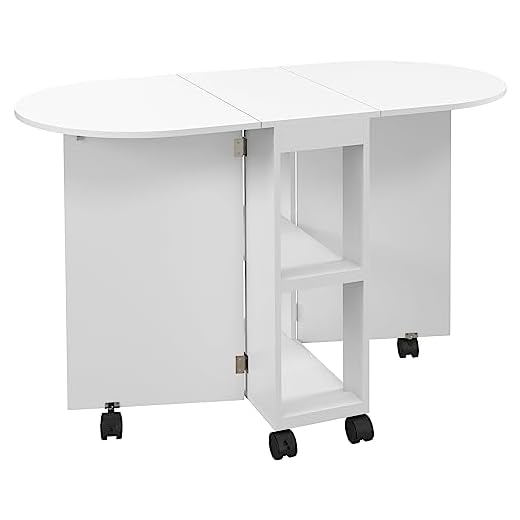HOMCOM Mobile Folding Dining Table, Drop Leaf Table for Small Spaces with 2-tier Shelves, Small Kitchen Table With 6 Wheels, White