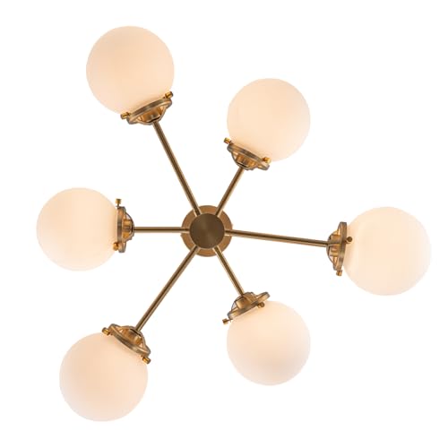 Image of 6-Lights Sputnik Chandeliers Gold Mid Century Modern Chandelier Fixture with Milk White Globe Glass, Dining Light Fixtures Ceiling Hanging for Living Room Bedroom Kitchen Island Foyer