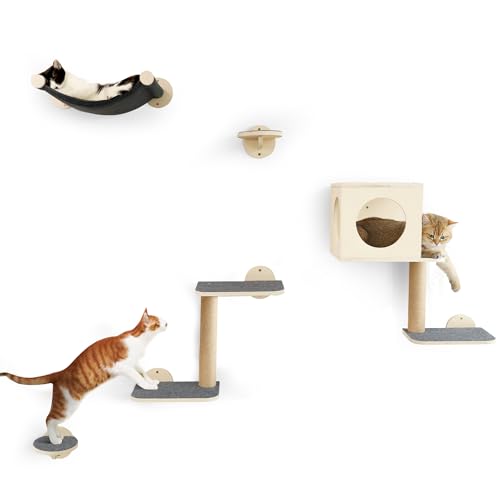 FUKUMARU Estantes de pared para gatos, juego de muebles de pared de madera estable, 5 piezas, escalador de gatitos con hamaca, casa, escalones, poste rascador, gris