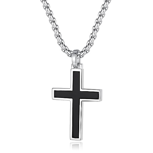 FANCIME White Gold Plated 925 Solid Sterling Silver Polished Black Men's Womens Crucifix Cross Pendant Long Fine Jewelry Valentines Day Gifts for Him,Stainless Steel Box Chain Length 24''