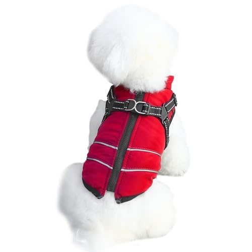 Mitili Warme Hundemantel Wasserdicht mit Geschirr, Reflektierend Hundejacke Winter für Kleine und Mittlere Hunde, Winddichte Hunde Wintermantel, Outdoor Hundeweste (Rot, M)