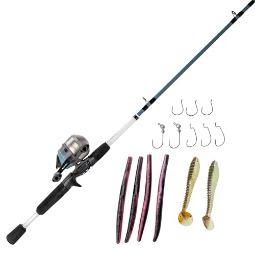Zebco 33 Custom-Z Spincast Reel and Fishing Rod Combo, 6-Foot 6-Inch 2-Piece Telescopic Rod, 14-Piece Strike King Tackle Kit, Silver/Blue