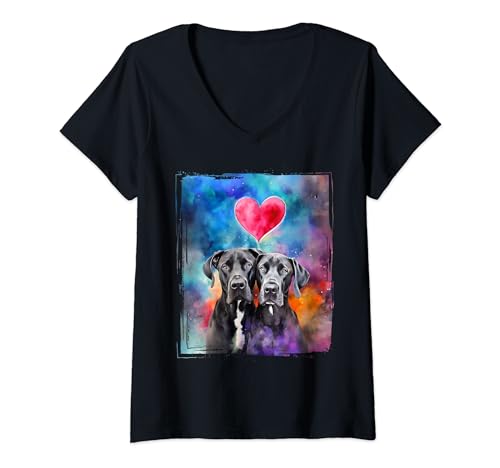 Womens Watercolor Splash I Love My Great Dane Dogs Portrait Gift V-Neck T-Shirt