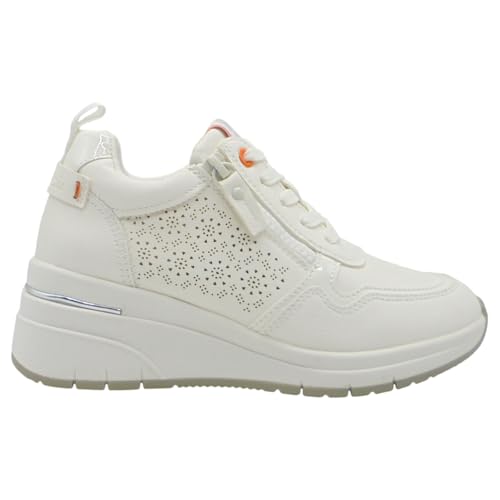 REFRESH - 175052 Sneakers Mujer | Zapatillas con Cuña 5 cm, Picados Florales Laterales, Cremallera y Cordones | Colección Primavera 2026 Mujer Color: Blanco Talla: 40