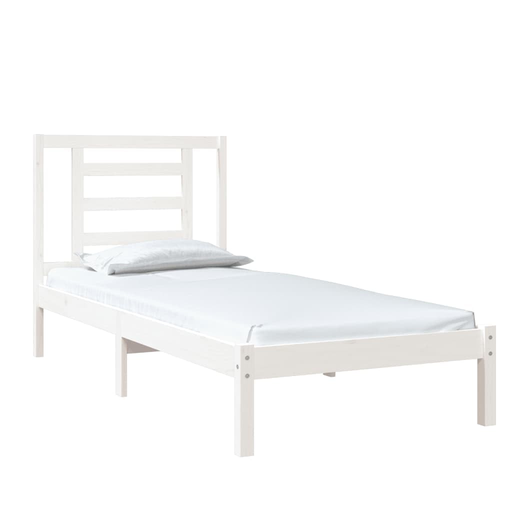 lite drewno sosnowe nowoczesny wystrój sypialni pojedyncza biały 75x190 cm | Rama łóżka biała lite drewno sosnowe 75x190 cm pojedyncza z zagłówkiem solidna konstrukcja do sypialni