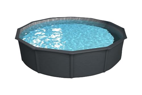 Steinbach Stahlwandpool Set Nuovo de Luxe II – 012141G – Ø 360 x 120 cm – Robuster Pool in Anthrazit für bis zu 11.000 l Wasserinhalt – Mit winterfester silbergrauer Innenfolie und zahlreichem Zubehör