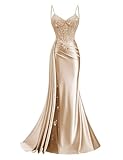 Champagne Beaded Mermaid Prom Dress with Slit Exquisite Corset Spaghetti Strap Long Lace Pleated Satin V Neck Prom Dresses with Tail Size 6