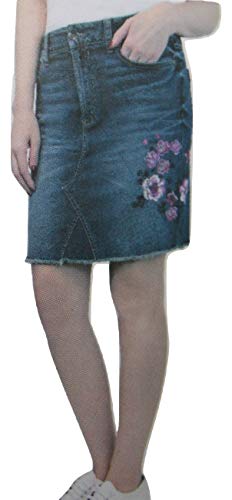 Seven7 Womens Demin EAN Skirt with Raw Hem and Embroidered Flower Trim (12) Blue