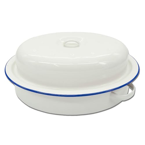 Zenker Enamel Oval Roasting Dish, Vintage Design, Roasting Tin, Perfect for Roasts & Pies, Easy to Clean, Oven Safe Up to 230 Degrees Celsius, PTFE & PFOA Free, 33x23.7cm, White & Blue