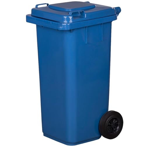 IMJ-Global - Cubo de Basura Alto Grande 120 Litros PN-EN 840 con Ruedas y Sistema de Enganche Mecánico de Recogida, Cubos de Basura de Reciclaje Contenedor Basurero en Plástico (Azul)