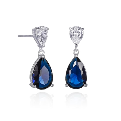 Diamond Treats Pendientes Colgantes de Plata de Ley 925 con Piedras Azules en Forma de Pera y Piedras de Circonita Blanca, Pendientes Azul Electrico Mujer, Pendientes Azules Mujer de Plata de Ley