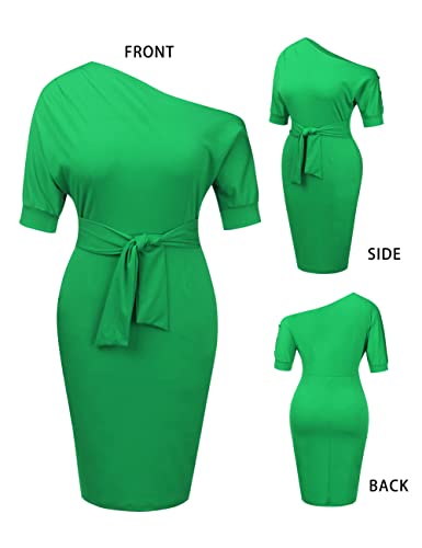 Image of Nature Comfy Elegant Womens Wear to Work One Shoulder Belted Pencil Dress | Cocktail Party, Casual, Wedding Guest, Day to Night, Asymmetrical Neck, Side Pockets, Bodycon, Elegant Formal Occasions