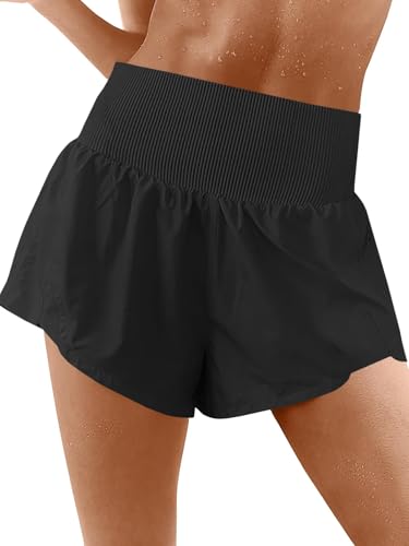 Fisoew Womens Running Shorts Workout Elastic High Waisted Loose Fit 2 in 1 Gym Yoga Biker Shorts