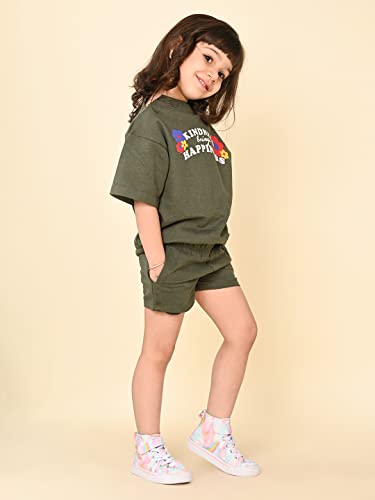 Image of LILPICKS Girls Text Printed Oversized Tee with Shorts Set (Green)