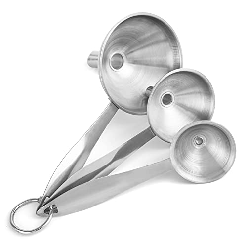 HAUSPROFI Stainless Steel Mini Funnels for Transferring of Liquid Fluid Dry Ingredients with Long Handles & Detachable Ring Holder Set of 3