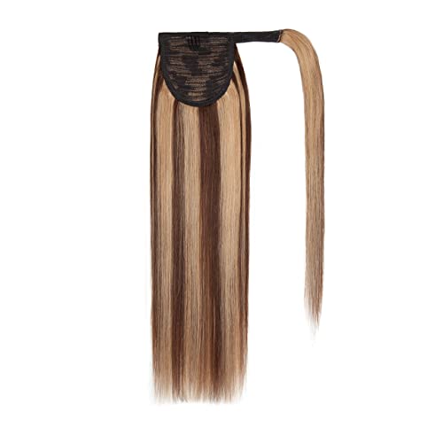 16 Inch Human Hair Ponytail Extensions Long Straight Wrap Around Ponytail Medium Brown Mix Dark Blonde 80g Magic Paste Binding Pony Tail Clip in Hairpiece Down