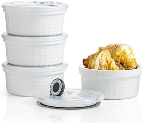 Ceramic Ramekins with Lids Oven Safe Set of 4, Baking Bowls for Dessert, Food Storage Bowls with Airtight Lids, Meal Prep Containers, Lunch Office Meal for Microwave and Freezer, White Ripple