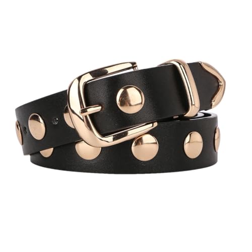 Women’S PU Faux Leather Belt With Gold Metal Buckle Studded Punk Style Waistband For Jeans And Dresses